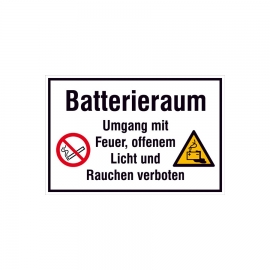 Warn-Kombischild: Batterieraum - Umgang mit Feuer, offenem Licht und Rauchen verboten