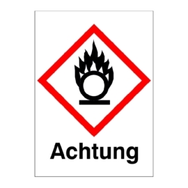 GHS-Gefahrstoffetikett: Symbol 03: Flamme über Kreis + Achtung
