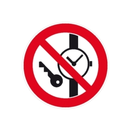 Verbotsschild: Mitführen von Metallteilen oder Uhren verboten