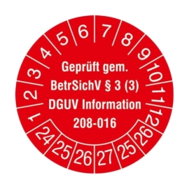 Prüfplaketten: Geprüft gem. BetrSichV §3 (3) / DGUV 208-016 - Mit Jahresfarbe (15-500 Stck.)