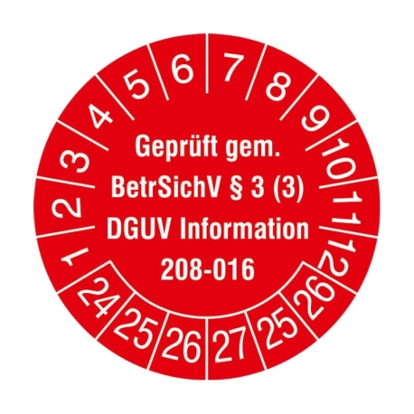 Prüfplaketten: Geprüft gem. BetrSichV §3 (3) / DGUV 208-016 - Mit Jahresfarbe (15-500 Stck.)