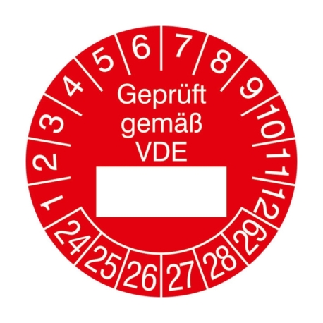 Prüfplakette: Geprüft gemäß VDE - Mit Jahresfarbe (15-500 Stck.)