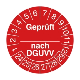 Prüfplaketten: Geprüft / nach DGUVV - Mit Jahresfarbe (15-500 Stck.)
