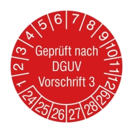 Prüfplaketten: Geprüft nach DGUV Vorschrift 3 - Mit Jahresfarbe (15-500 Stck.)