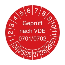 Prüfplaketten: Geprüft nach VDE 0701/0702 - Mit Jahresfarbe (15-500 Stck.)