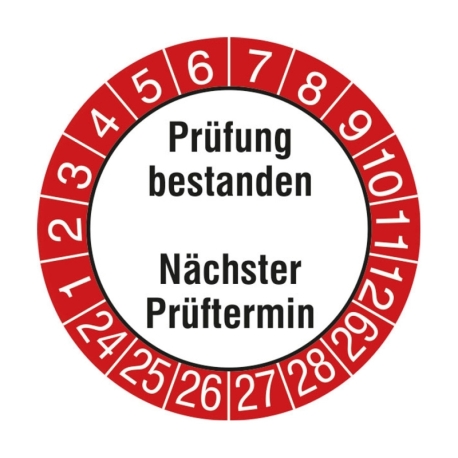 Prüfplaketten: Prüfung bestanden - Nächster Prüftermin - Rot Weiß (15 Stck.)